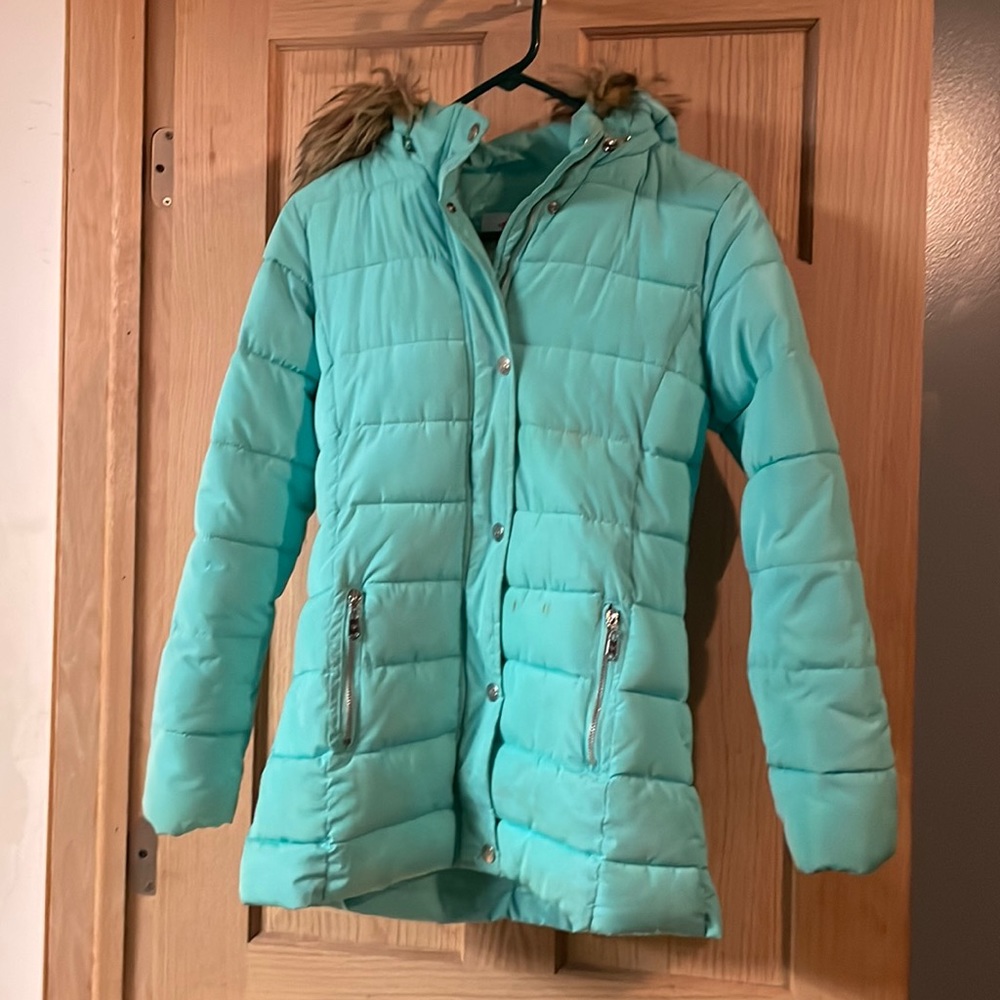 Light blue fluffy detachable hood winter coat from justice fits a 12/14 year old